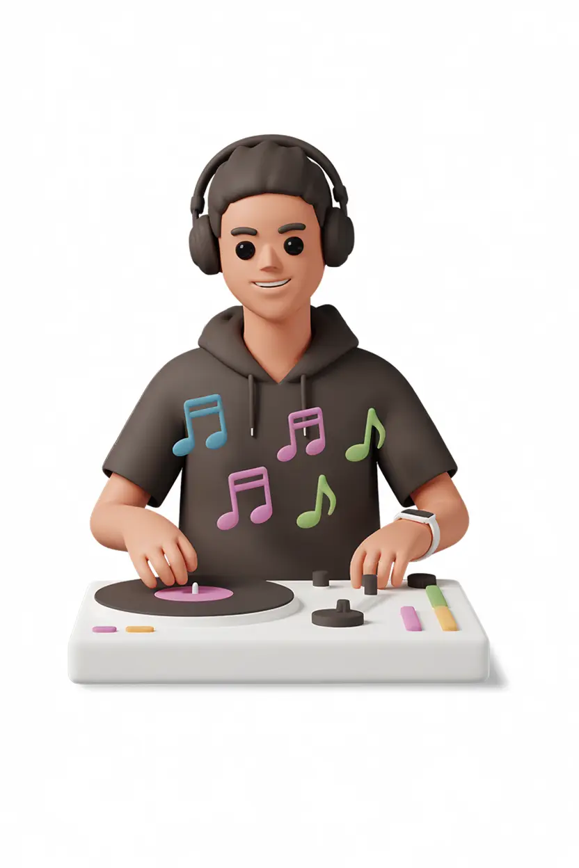 DJ with headphones at turntable, neon lights
