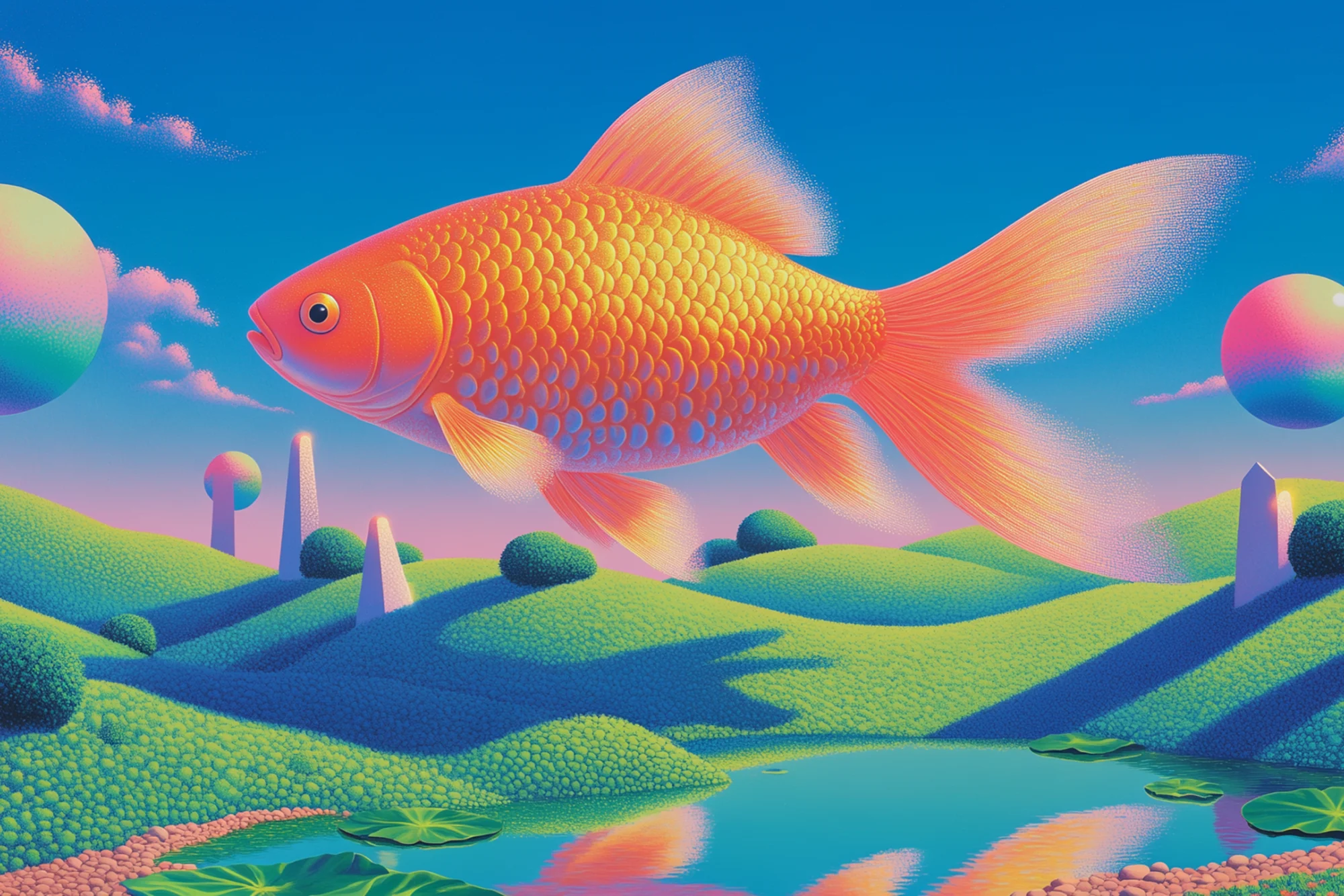 A vivid orange fish floating above a colorful surreal landscape