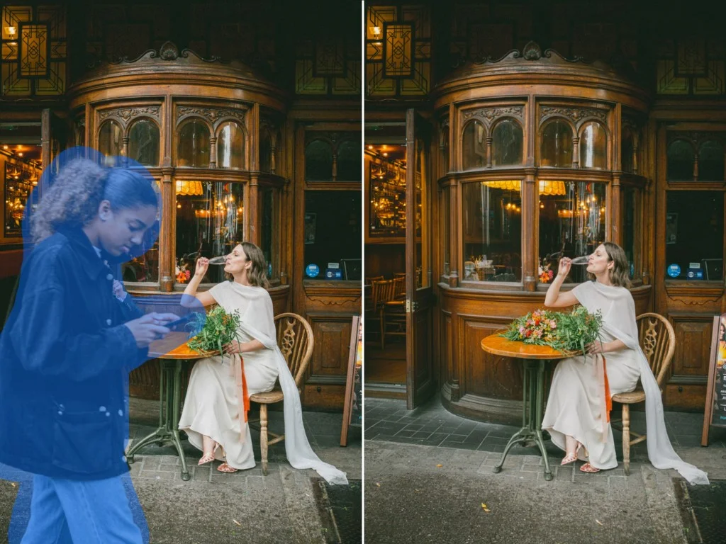 Before and after removing a passerby from a photo of a woman seated at an outdoor cafe table