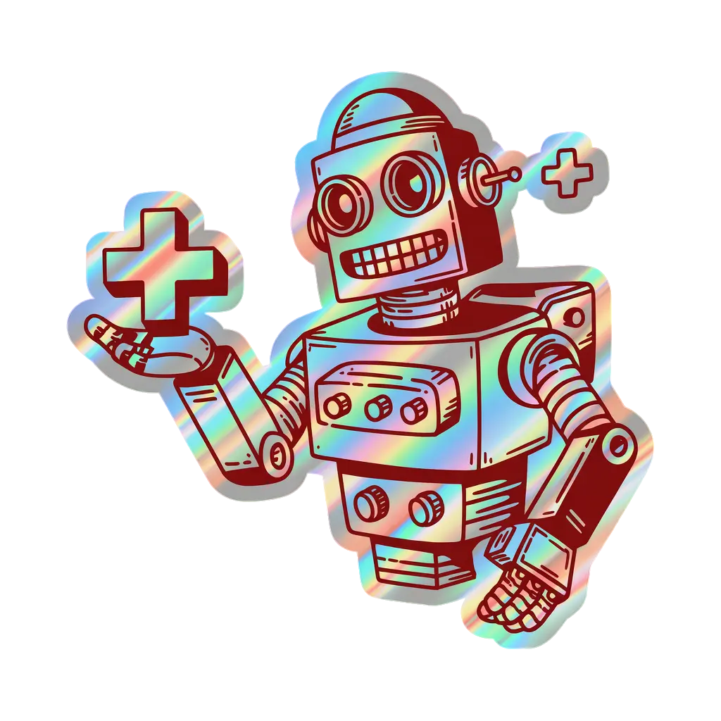 Foil-stamped retro-futuristic mascot of a smiling robot mascot for an unspecified product