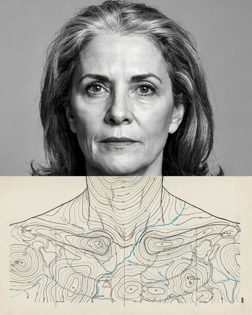 Environmental portrait of a weathered man whose torso becomes a USGS topographic map, contour lines following his anatomy, elevation numbers across the chest, while his face and hands remain photographic.