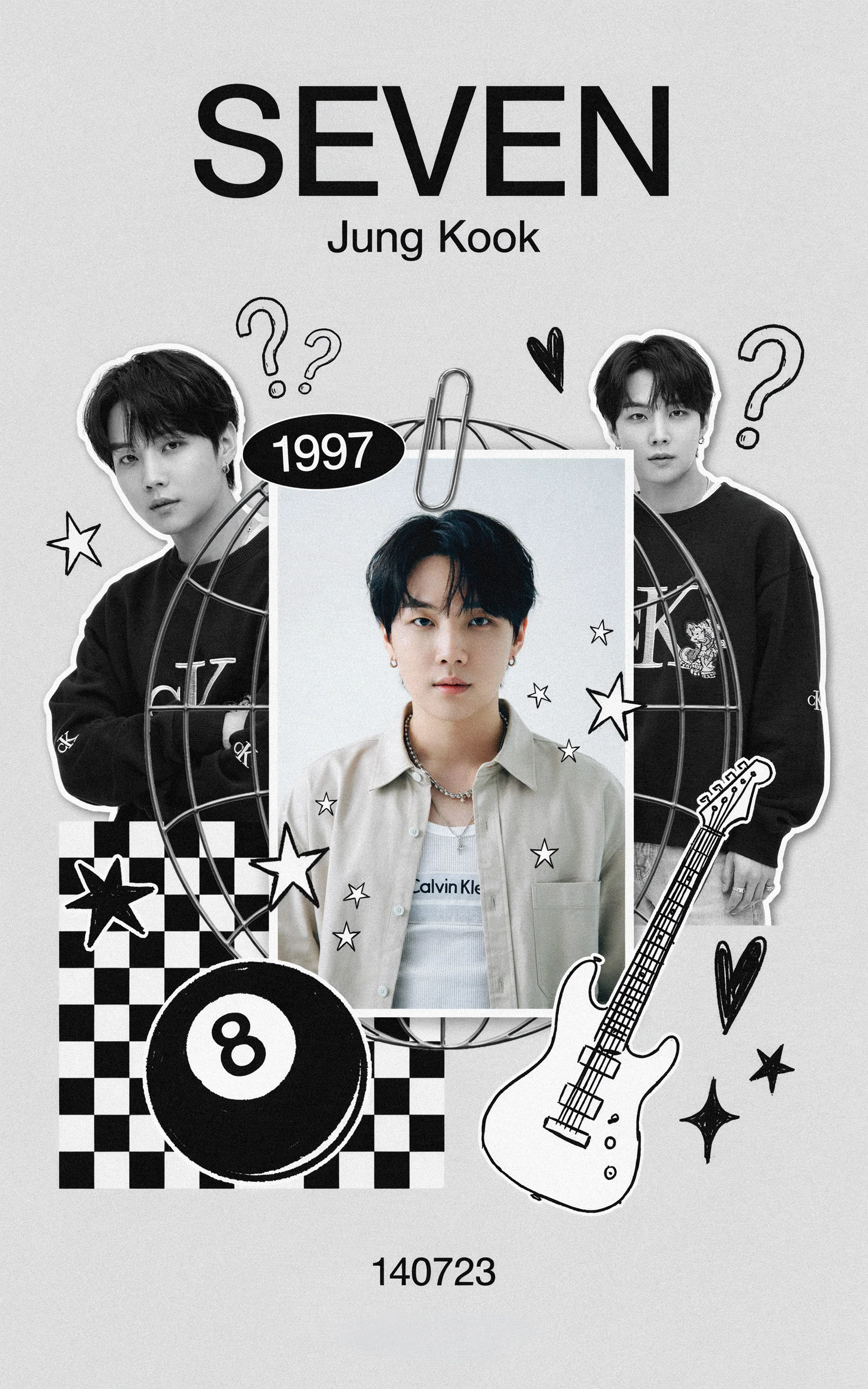 A recreated black and white collage-style SEVEN poster featuring Jung Kook with a central color portrait, checkered pattern, 8-ball, guitar, stars, and question marks.