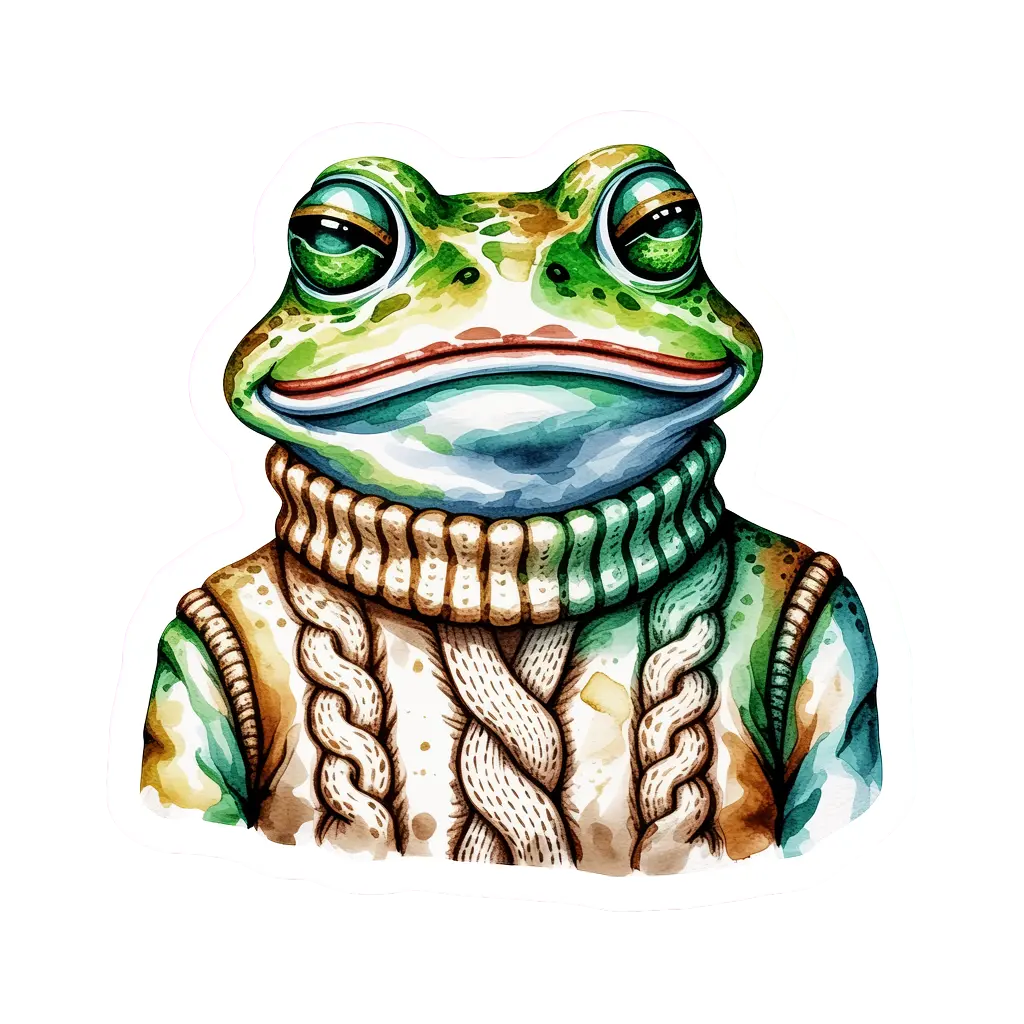 Watercolor pet portrait of a frog wearing a cable-knit turtleneck