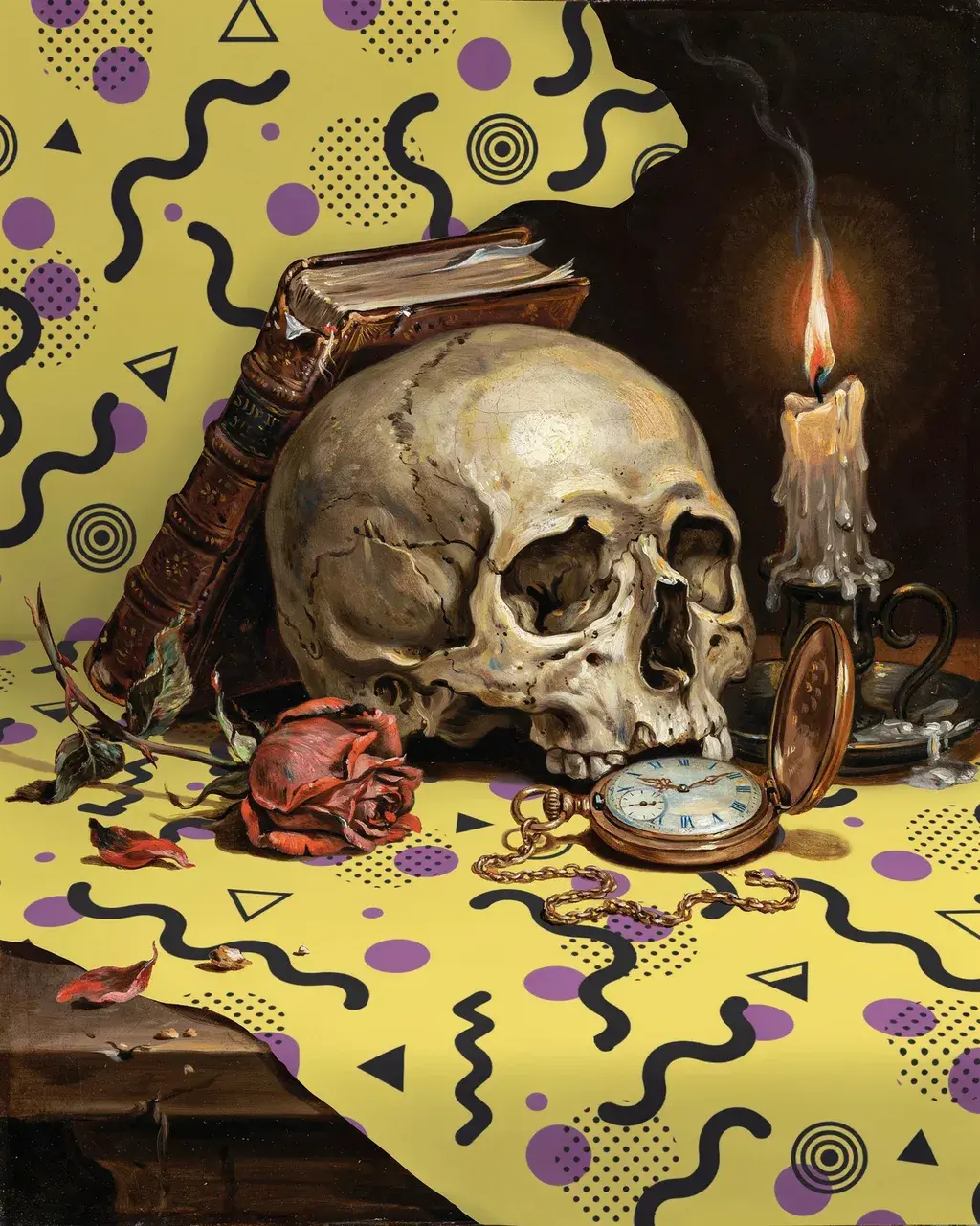 Dutch Golden Age vanitas, skull, guttering candle, wilting rose, open Bible, painted in 17th-century oil technique, resting on a vivid Memphis design surface in yellow, magenta, and turquoise squiggles.