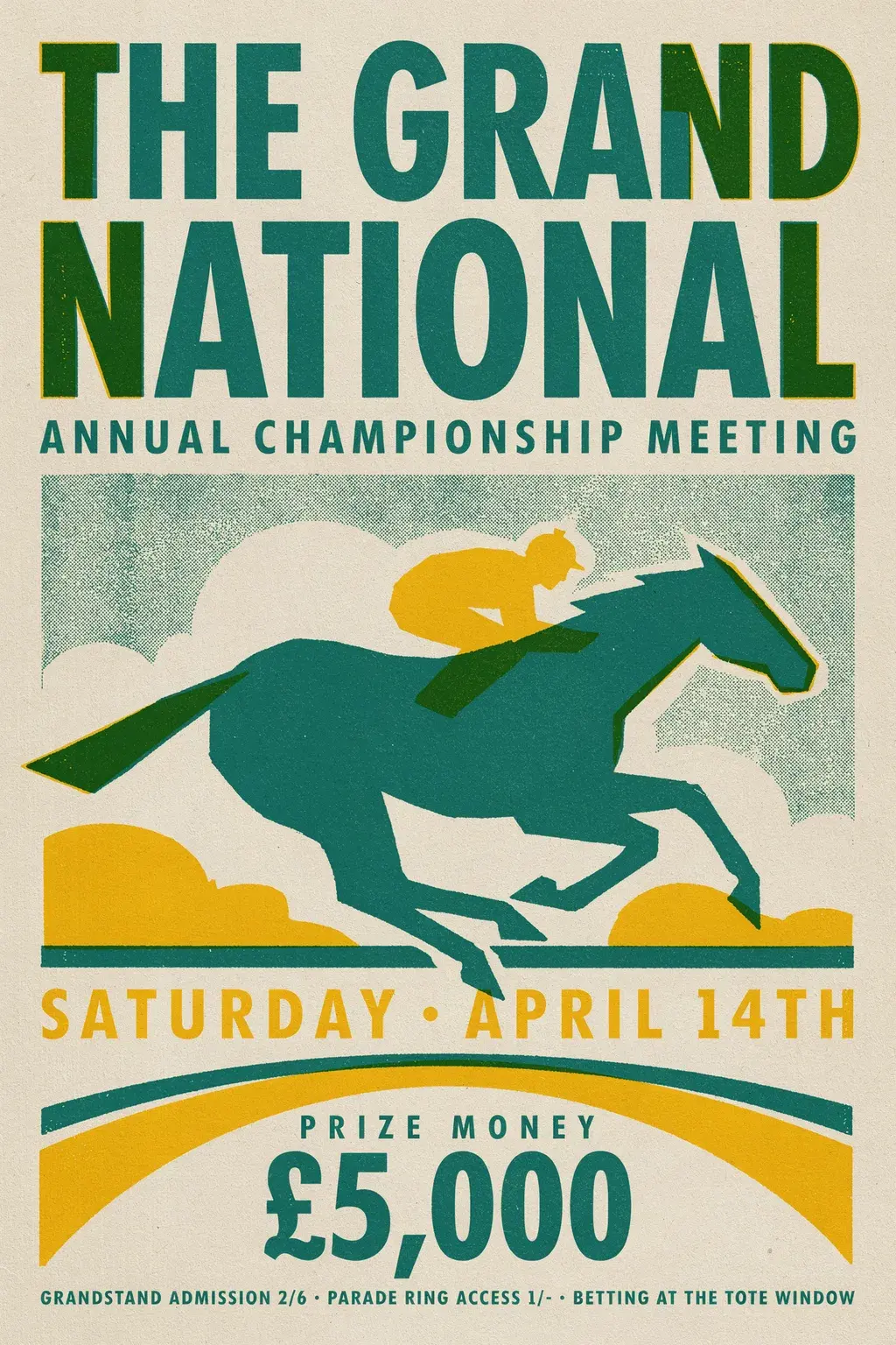 Vintage mid-century racing event poster, The Grand National, flat green horse silhouette illustration, limited green yellow cream palette, distressed texture.