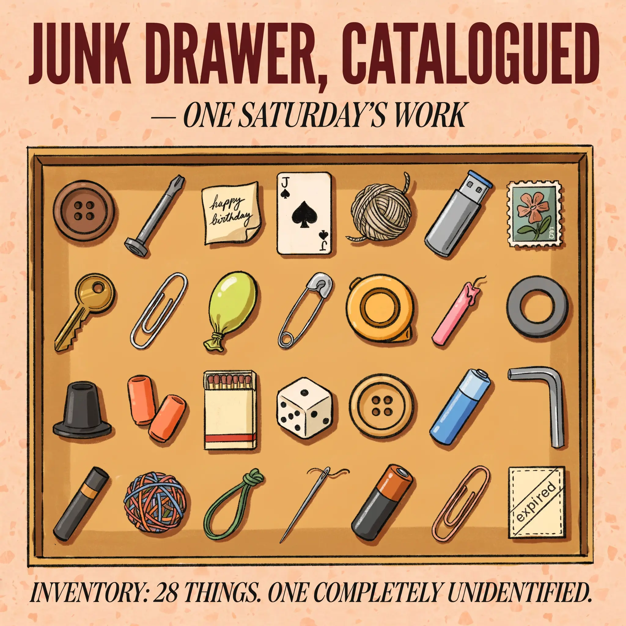 Hand-drawn drawer interior cataloguing 28 small everyday objects.