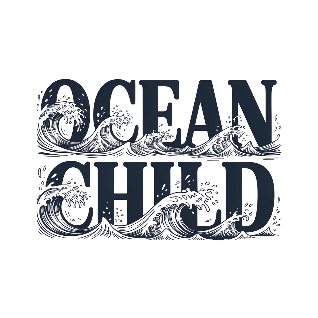OCEAN CHILD typography with waves, background removed by Ideogram
