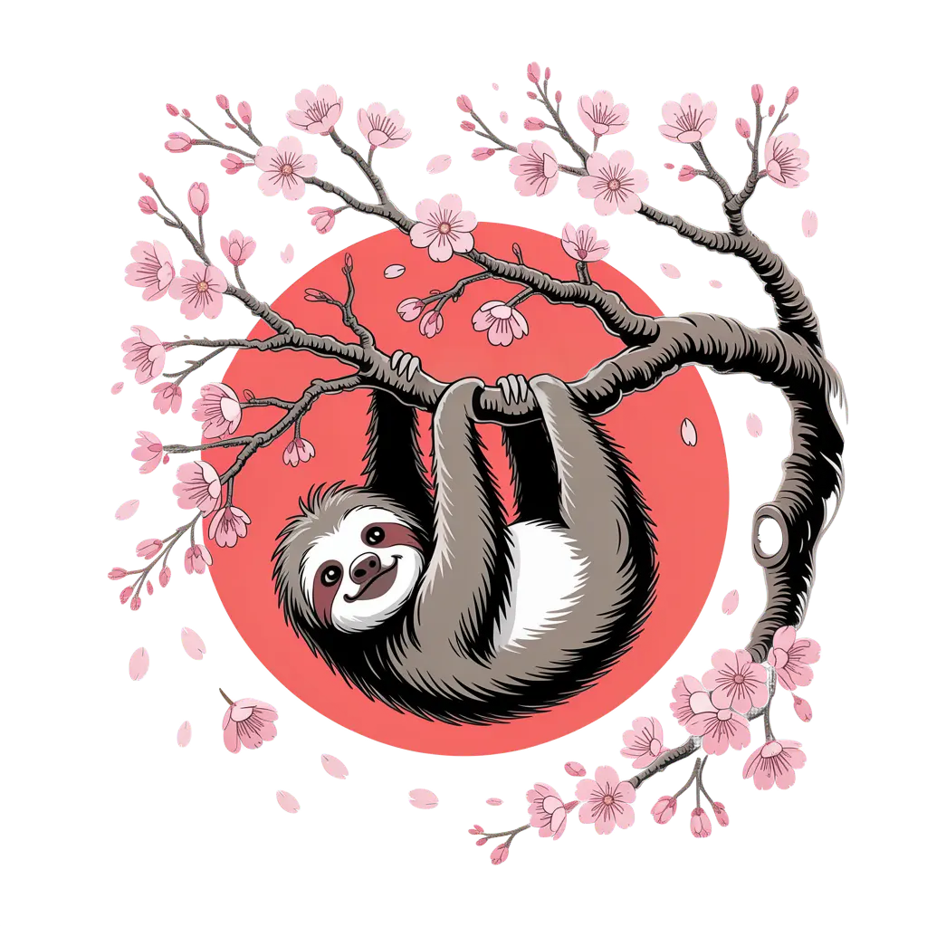 Output: transparent PNG with the sloth, branch, blossoms, and red sun isolated, fine fur and petal edges preserved