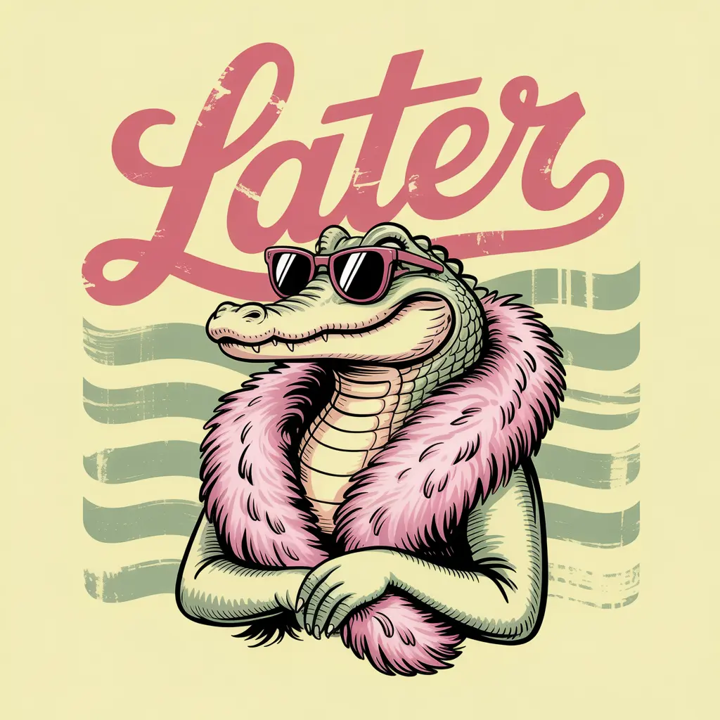 LATER alligator in pink boa with sunglasses, original