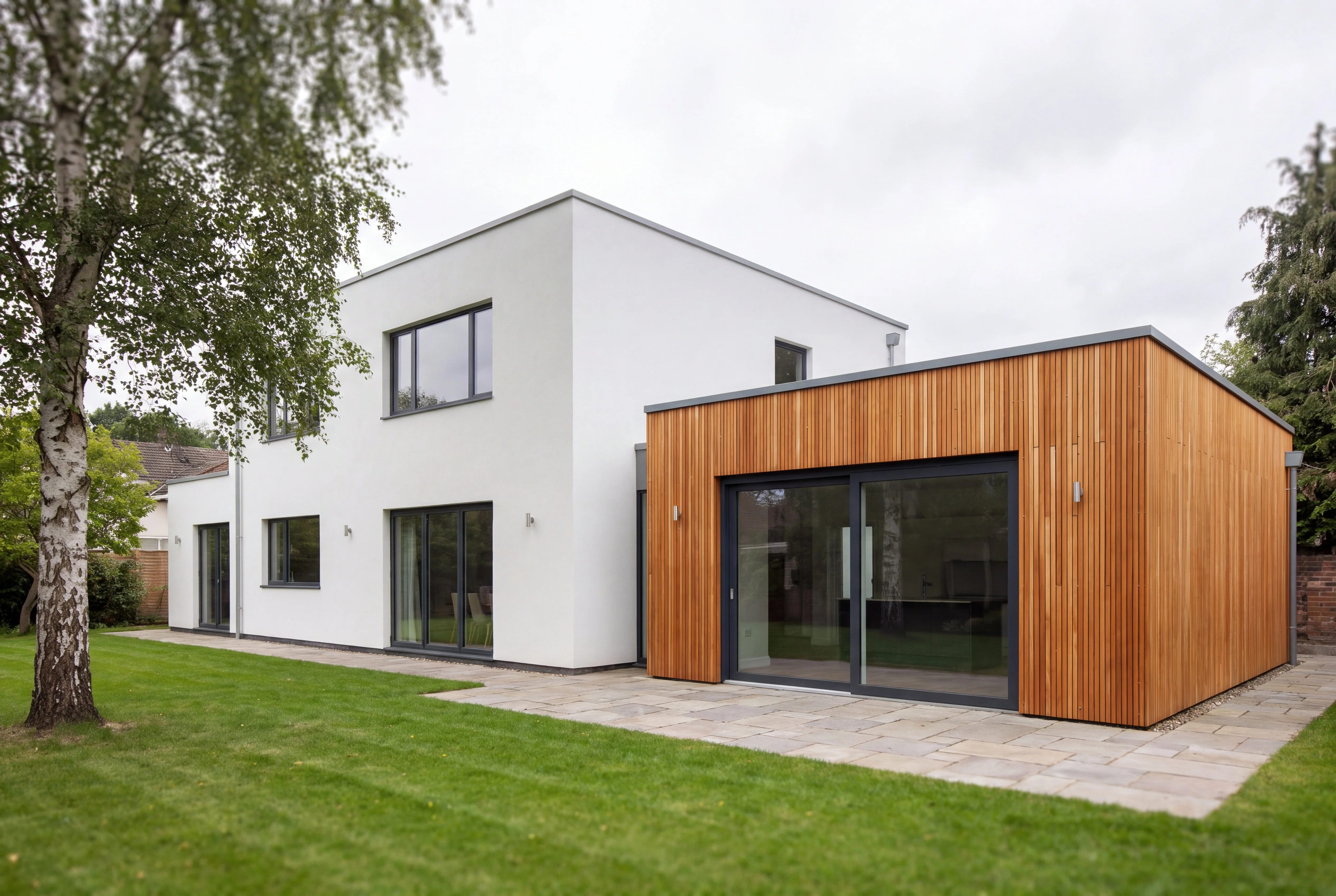 The same house with the extension re-clad in vertical cedar boards