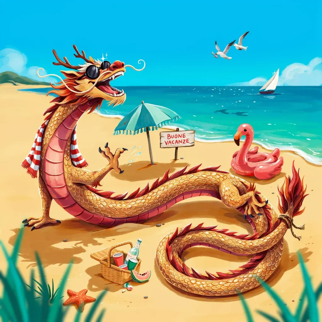 Illustrated dragon relaxing on a beach
