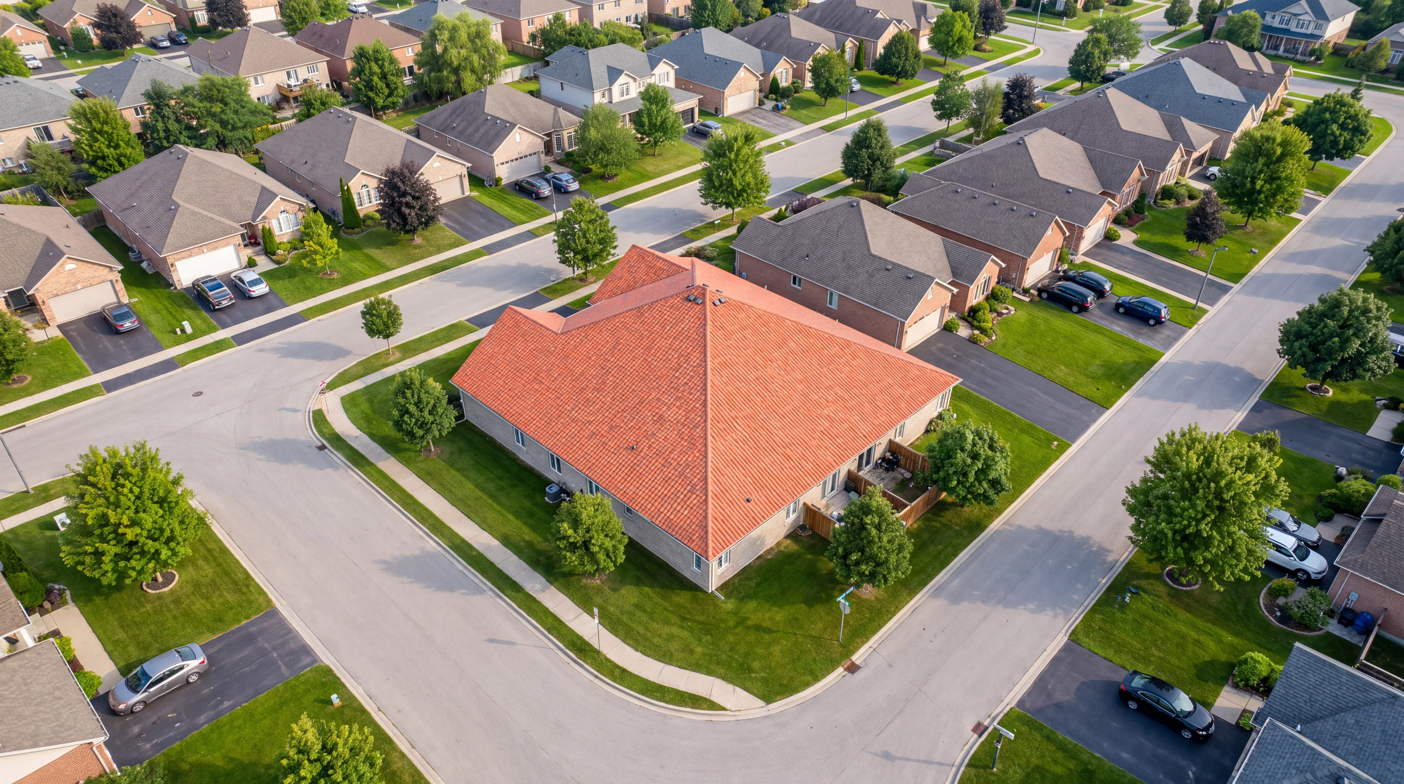 The same suburb with the corner house's roof replaced by terracotta tiles