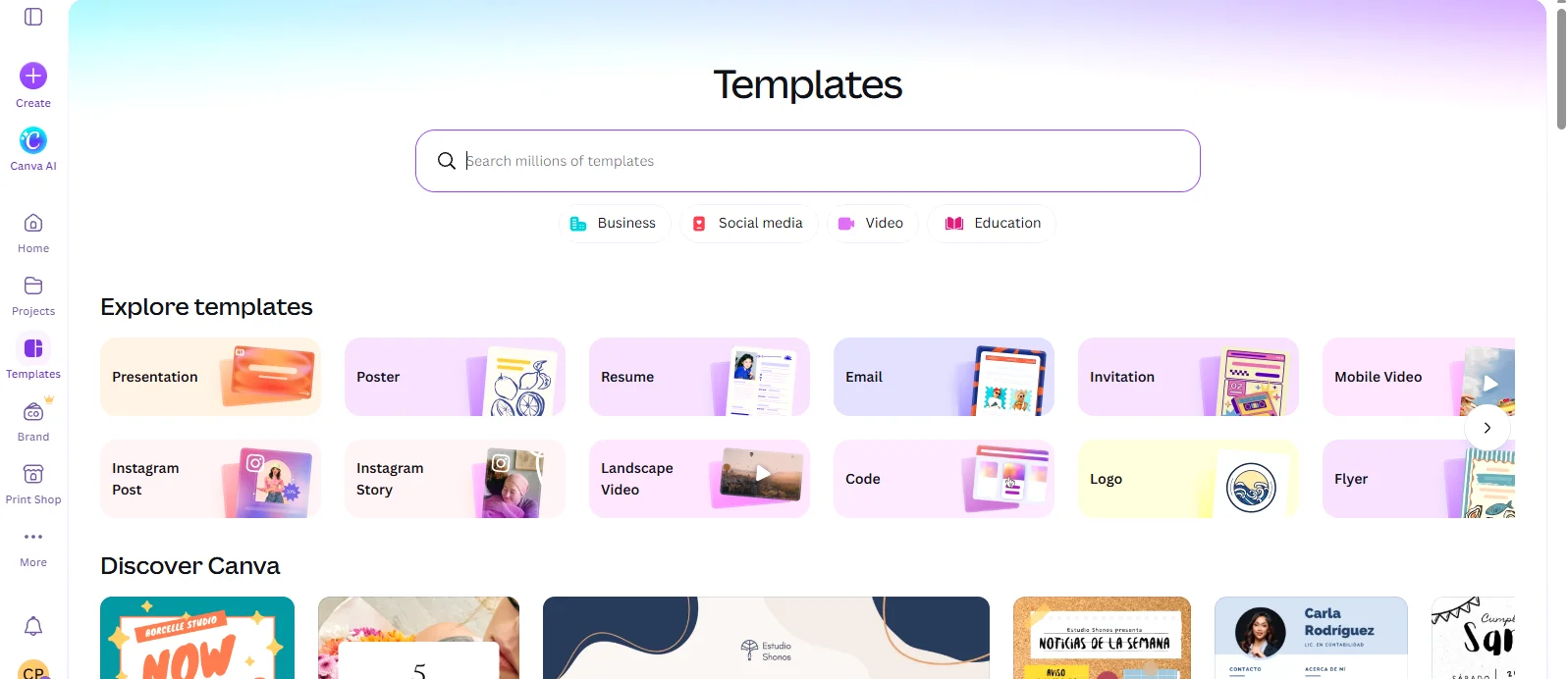 Canva’s Templates page with a template search field and template categories such as Presentation, Poster, Invitation, and Logo.