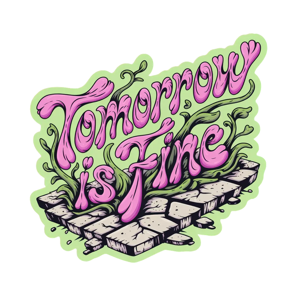"TOMORROW IS FINE" in soft bloom letterforms growing out of a sidewalk crack