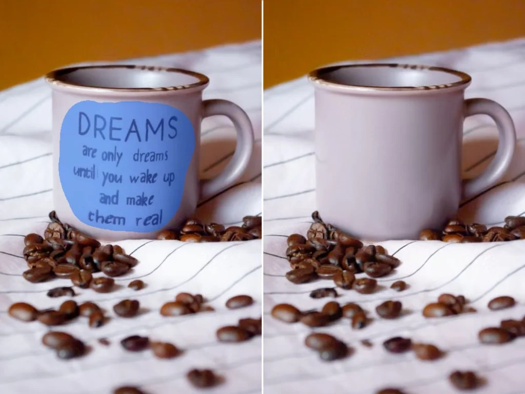 Before and after removing handwritten text from a coffee mug in a product photo