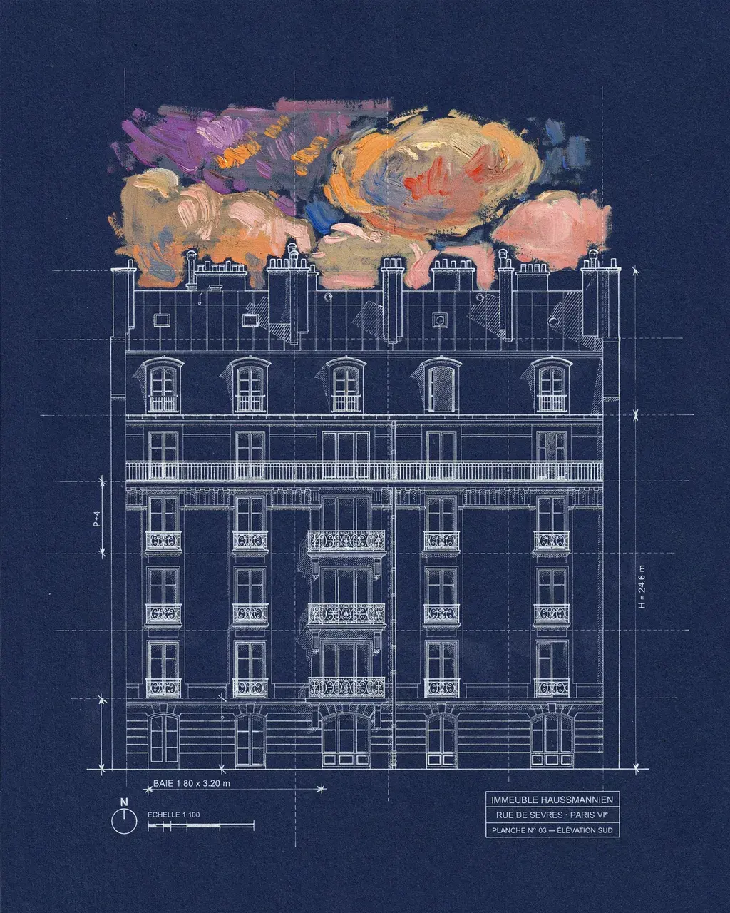 Haussmann apartment building elevation in precise blueprint linework on deep indigo vellum, with an impressionist oil-paint sky in warm violet and apricot breaking above the roofline.