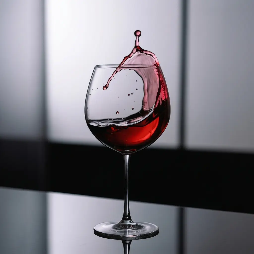 Input: wine glass with red wine splashing, against a soft window light