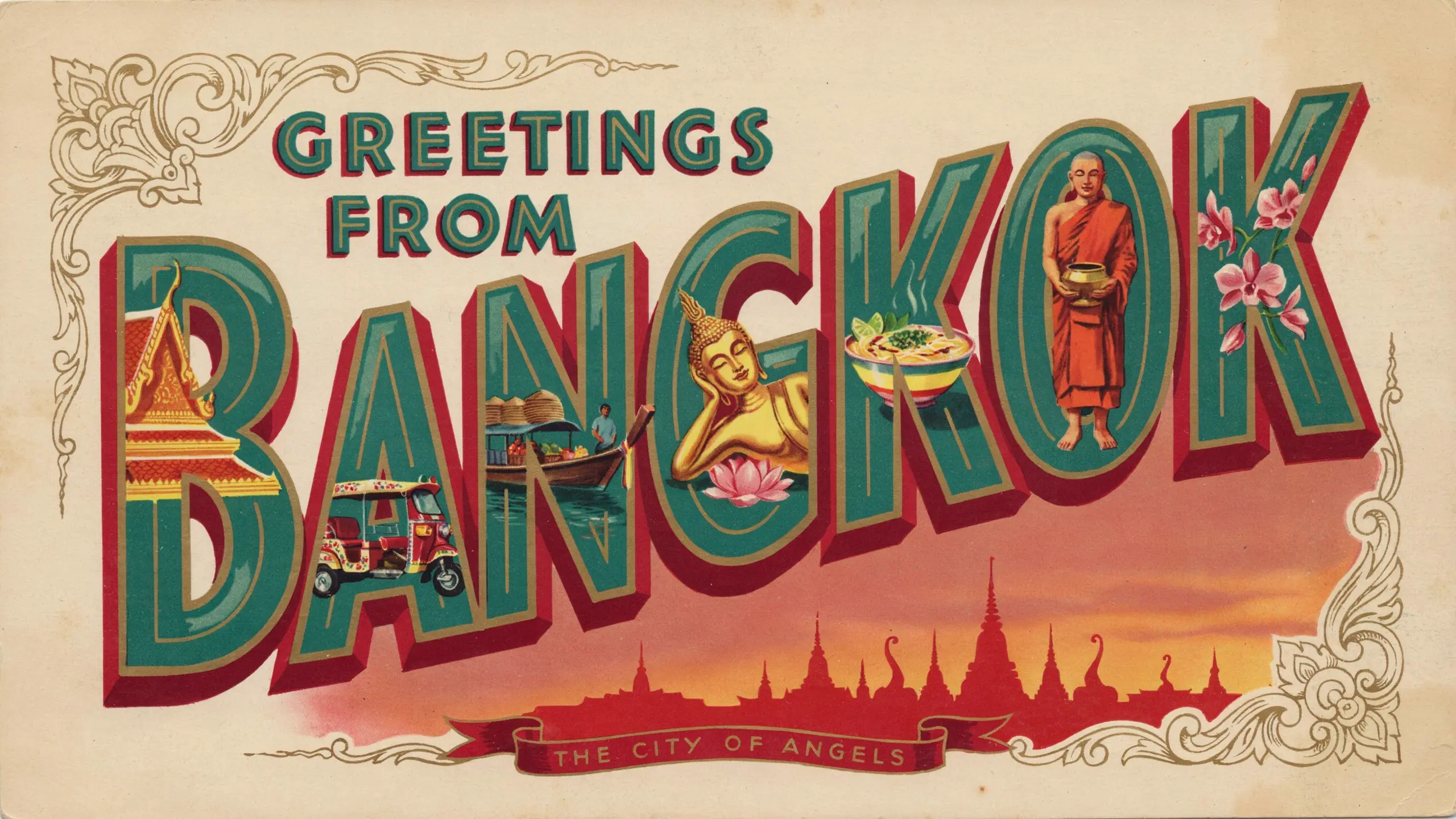 Vintage 1940s Greetings From Bangkok large-letter postcard, Curt Teich Co. style, emerald green and gold.