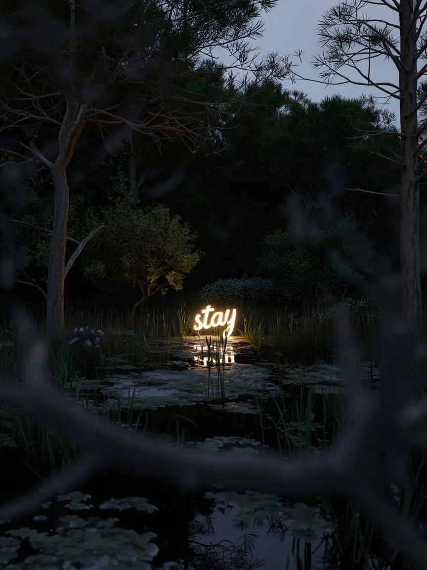 Dark forest with glowing Pretty text