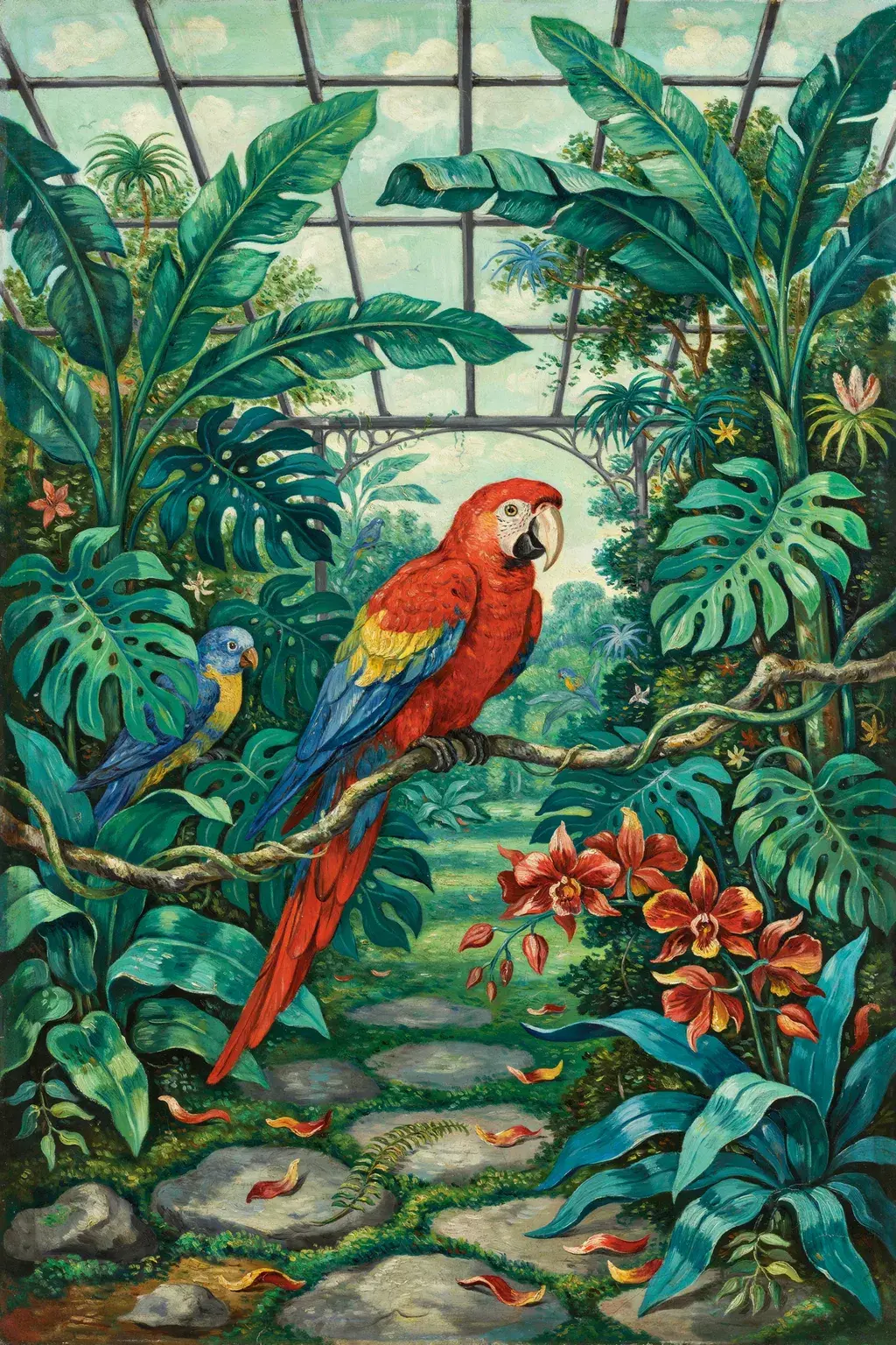 Lush Rousseau-style tropical greenhouse interior rendered as a saturated oil painting — dense jungle foliage, crimson orchids, a vivid parrot mid-frame