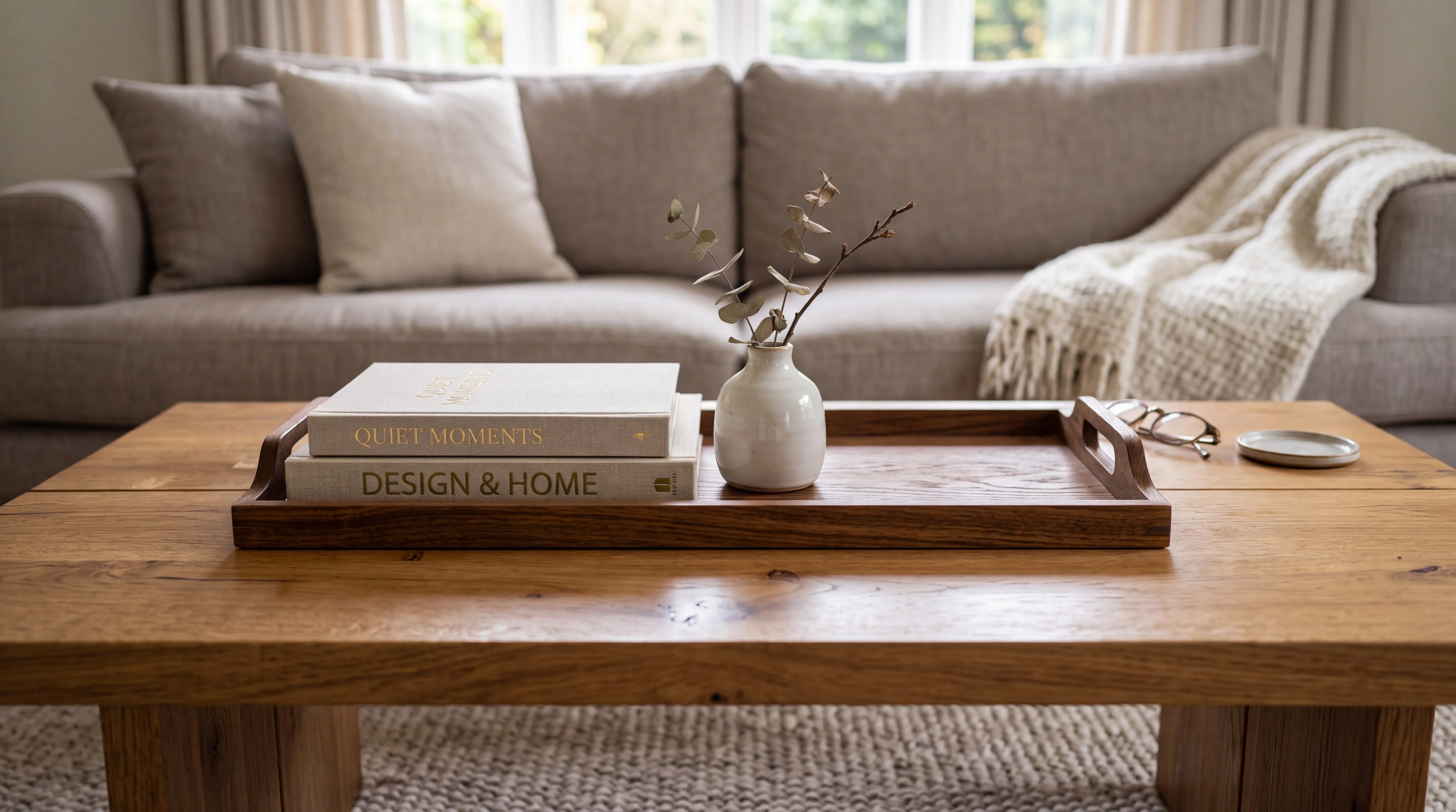 A styled coffee table with a wooden tray of books and a vase