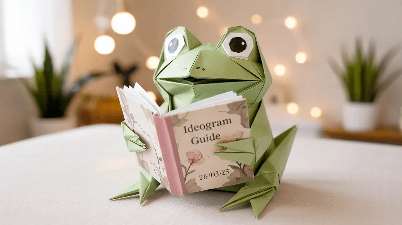 Origami frog holding an Ideogram Guide book
