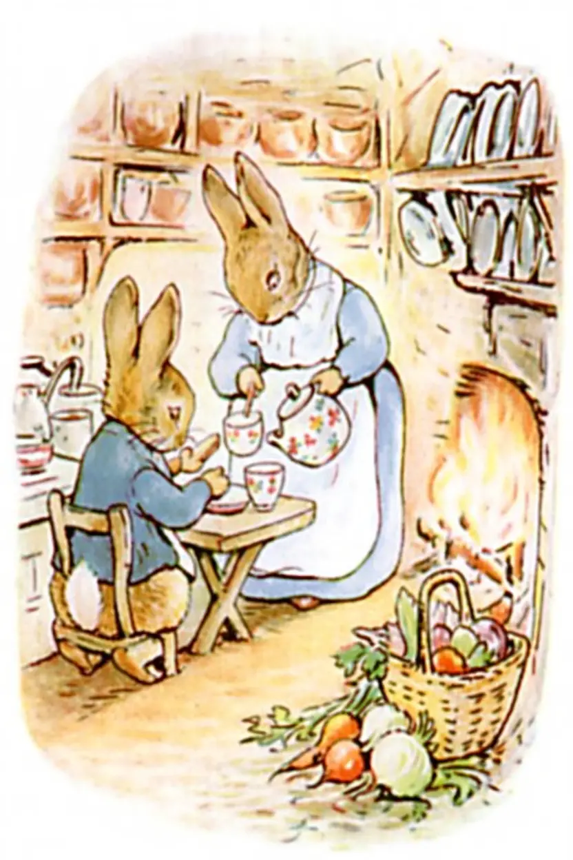 Peter Rabbit having tea with his mother in a cozy cottage kitchen