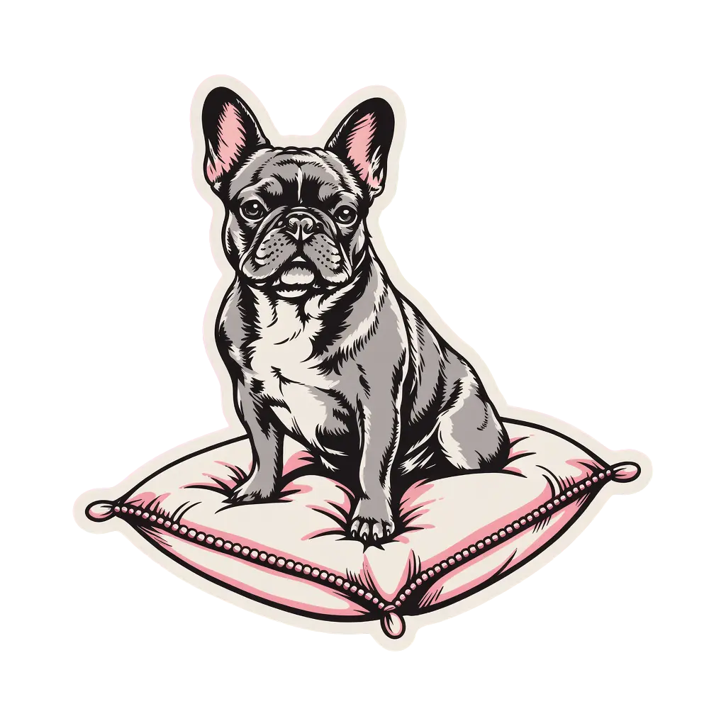 A French bulldog seated on a tiny embroidered pillow