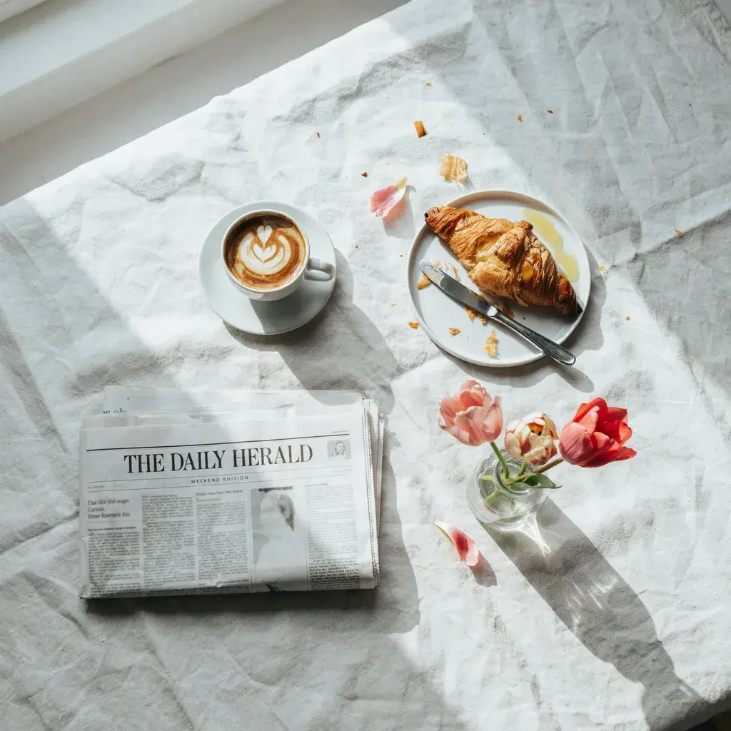 Overhead flat lay of a breakfast table: coffee cup upper-left, croissant upper-right, newspaper lower-left, tulips lower-right — each element placed in its declared bounding zone