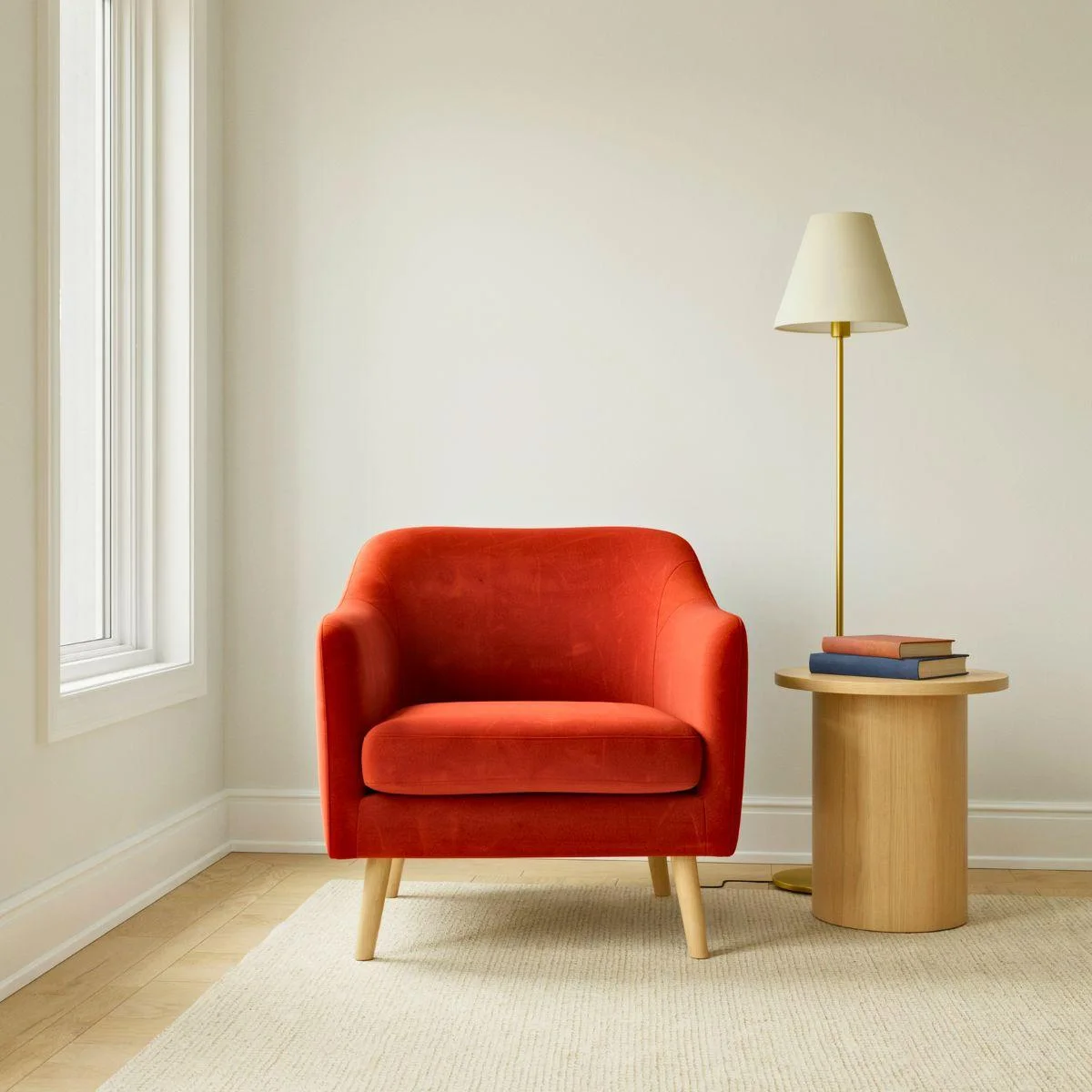 The test photo: an orange velvet armchair beside a round wooden side table with two books, and a brass floor lamp with a cream shade whose cord trails along the floor, in a pale room with a window and a rug.