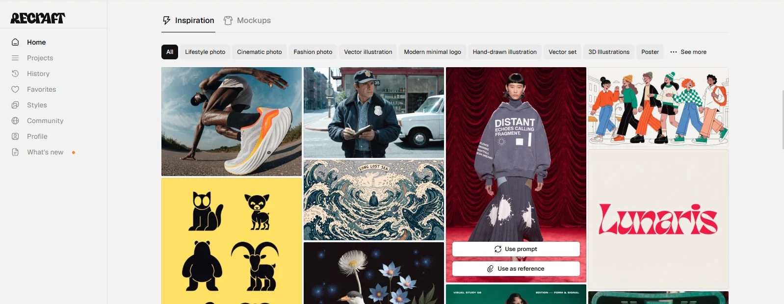 Recraft’s Inspiration page, with style filters such as Lifestyle photo, Cinematic photo, Fashion photo, Vector illustration, Modern minimal logo, and Vector set, above a grid of examples: a ground-level shot of a sprinter in a white and orange running shoe, flat black animal icons on yellow, a wave illustration, a hoodie on a runway, a group of illustrated people, and a red Lunaris wordmark.