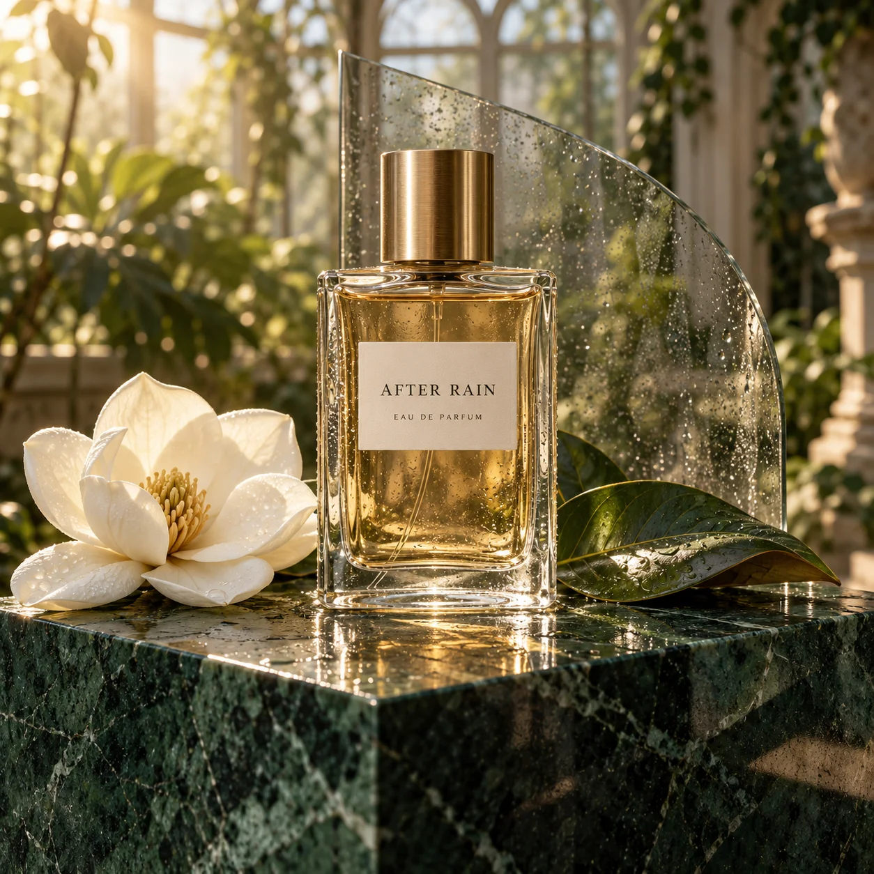 Perfume bottle, magnolia blossom, and leaves arranged on emerald marble in the supplied campaign test image.