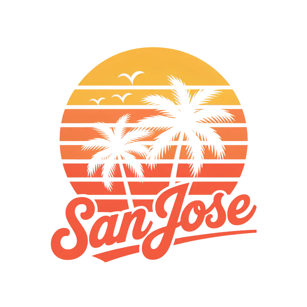 San Jose retro sunset palm trees logo, background removed