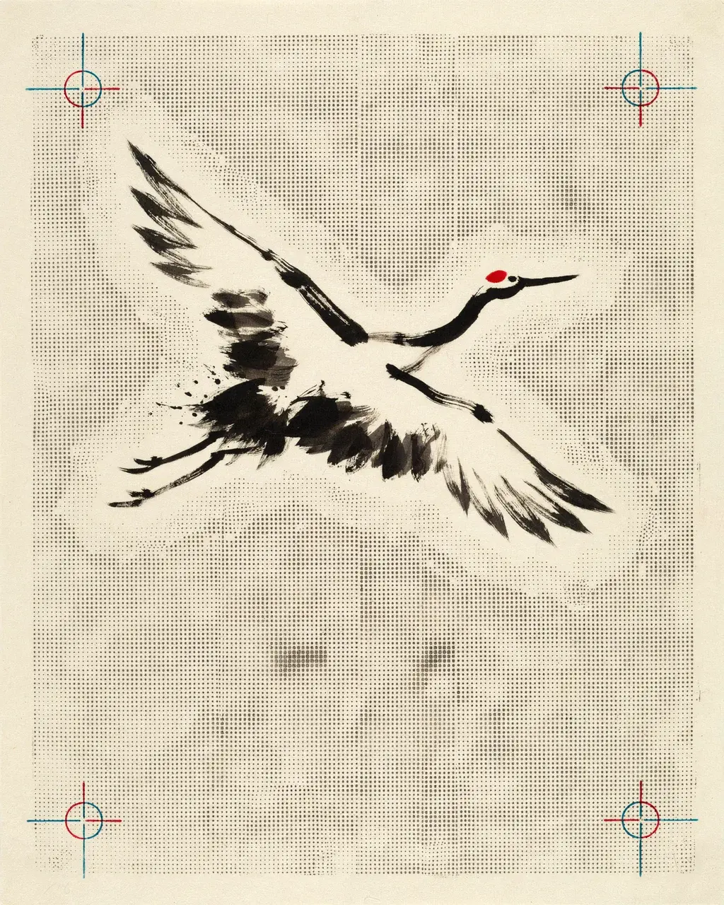 Japanese sumi-e ink wash crane in flight printed through a 55-line halftone screen: gestural black ink stroke for the body, vermillion crown, ink wash tones broken into clearly visible halftone dots, registration marks in all four corners.