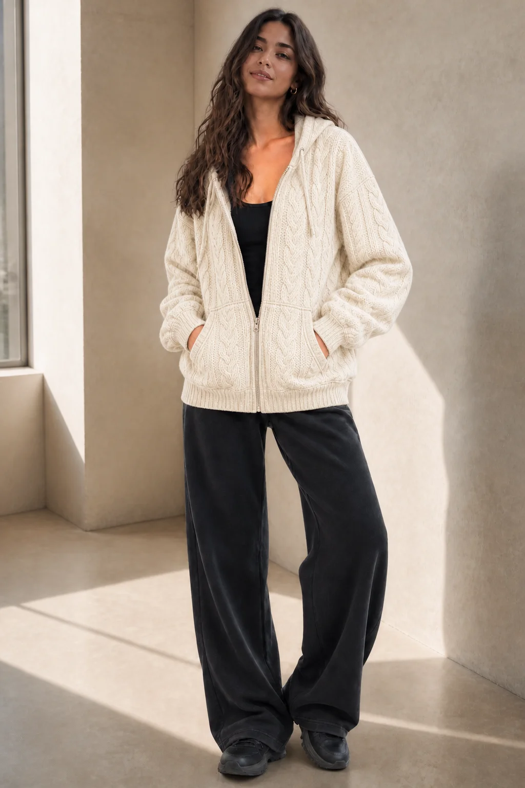 The same model wearing the hoodie in cream cable knit