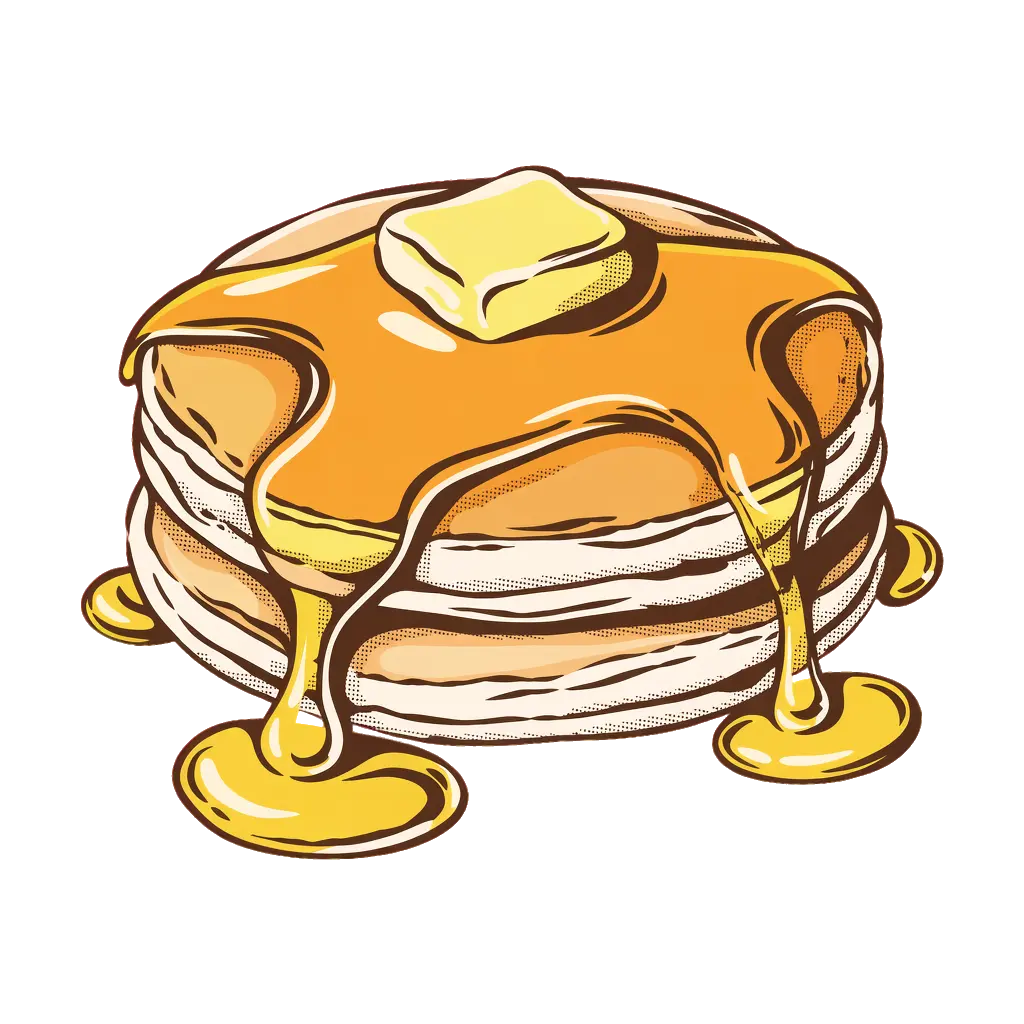 Vintage diner-menu illustration of a double-stacked pancake with syrup running off all...