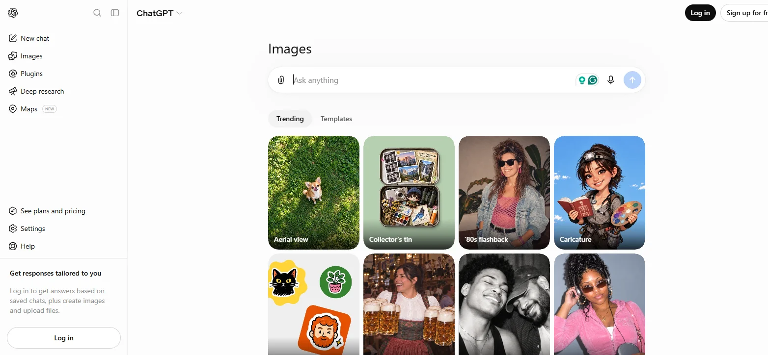 ChatGPT Images interface with an image prompt field and a grid of image templates.