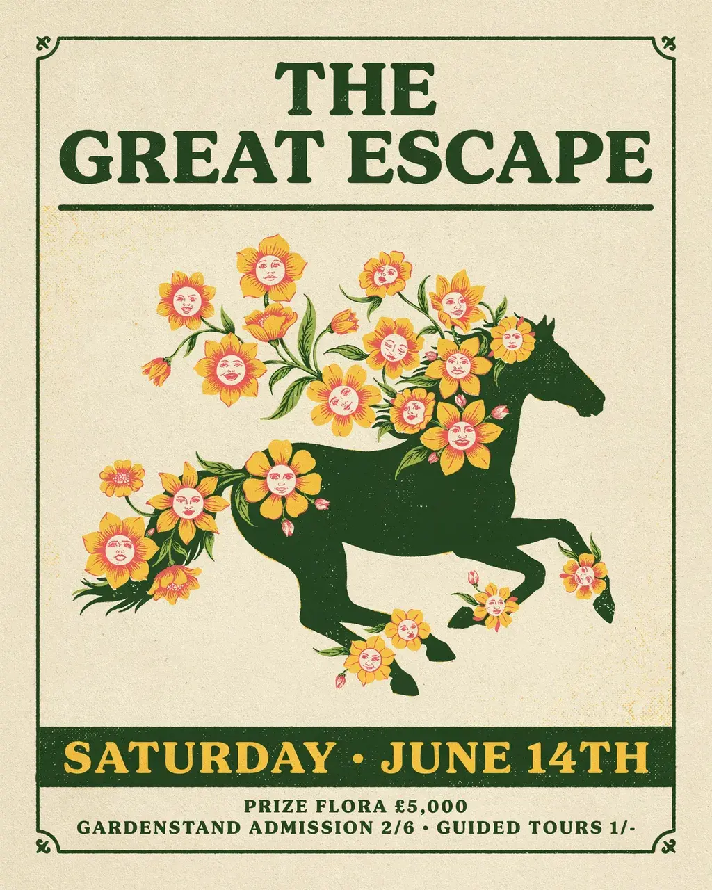 THE GREAT ESCAPE vintage botanical event poster, galloping horse silhouette with face-flowers blooming from mane and tail, forest green and butter yellow.