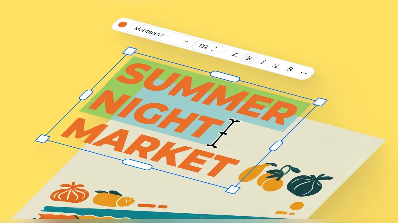 An illustrated poster for a Summer Night Market, tilted in perspective, with its orange headline selected as a text layer. A bounding box and text cursor sit over the words, and a floating toolbar shows the Montserrat font at size 132 with alignment, bold, italic, underline, and strikethrough controls.