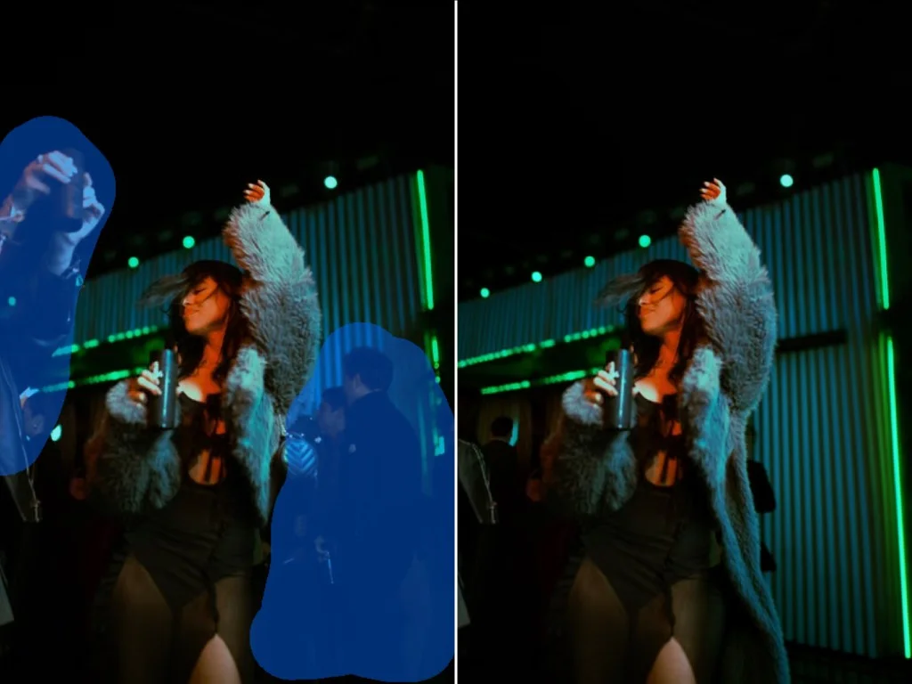 Before and after removing background people from a nightclub photo while preserving green lighting and texture