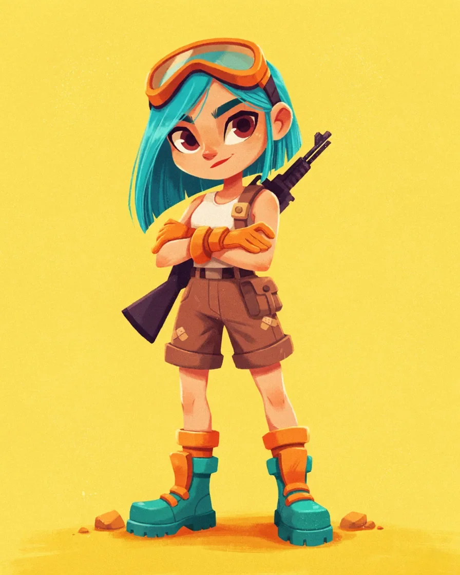 Stylized character in a military-inspired outfit
