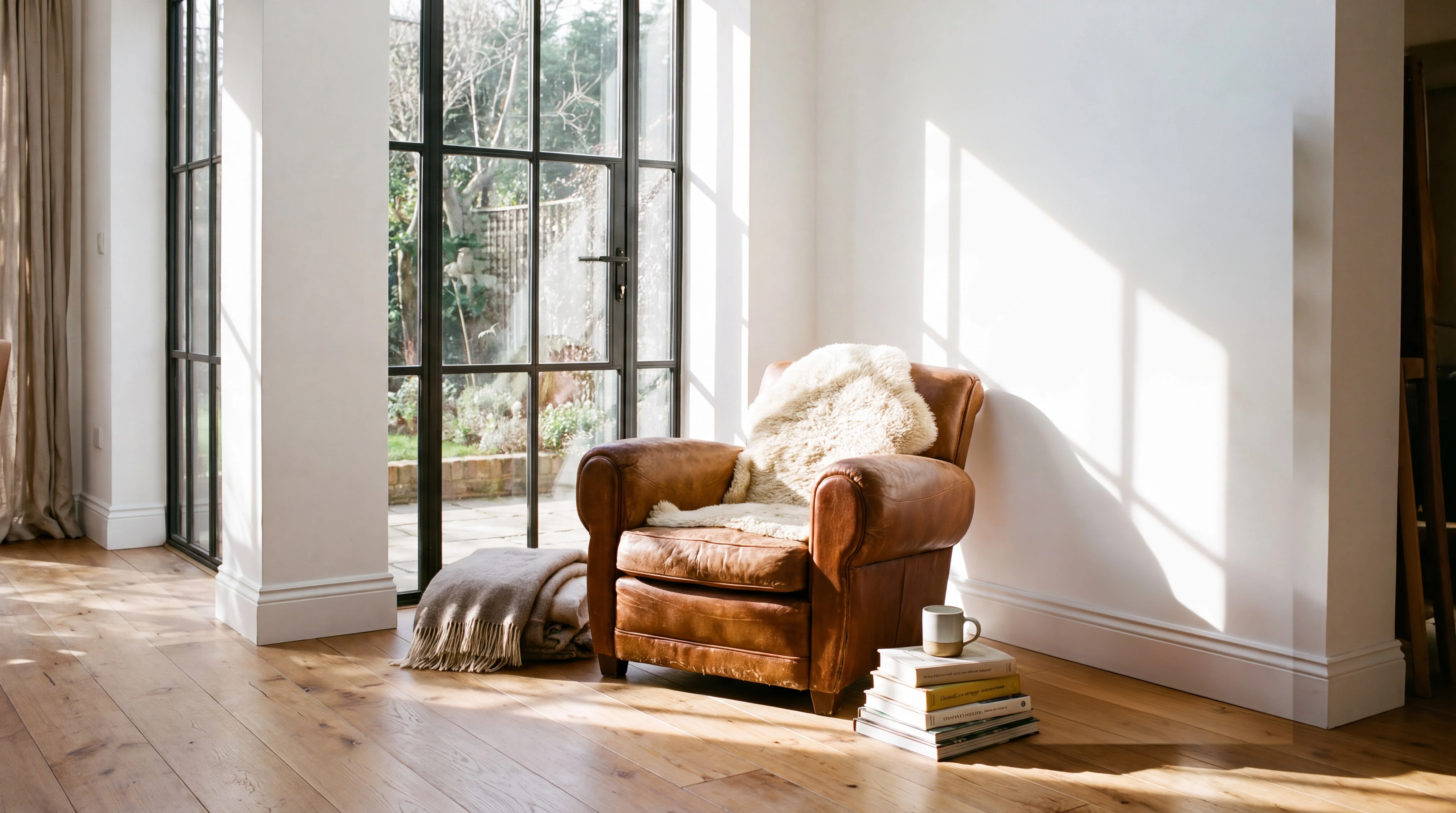 The same reading corner with the fig tree removed and the wall continued
