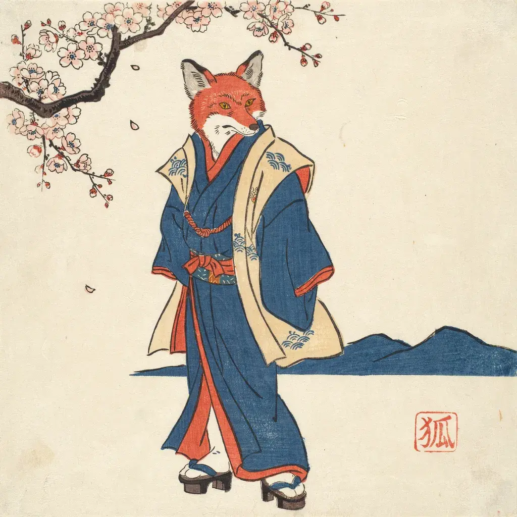 Fox portrait in Japanese ukiyo-e woodblock print style