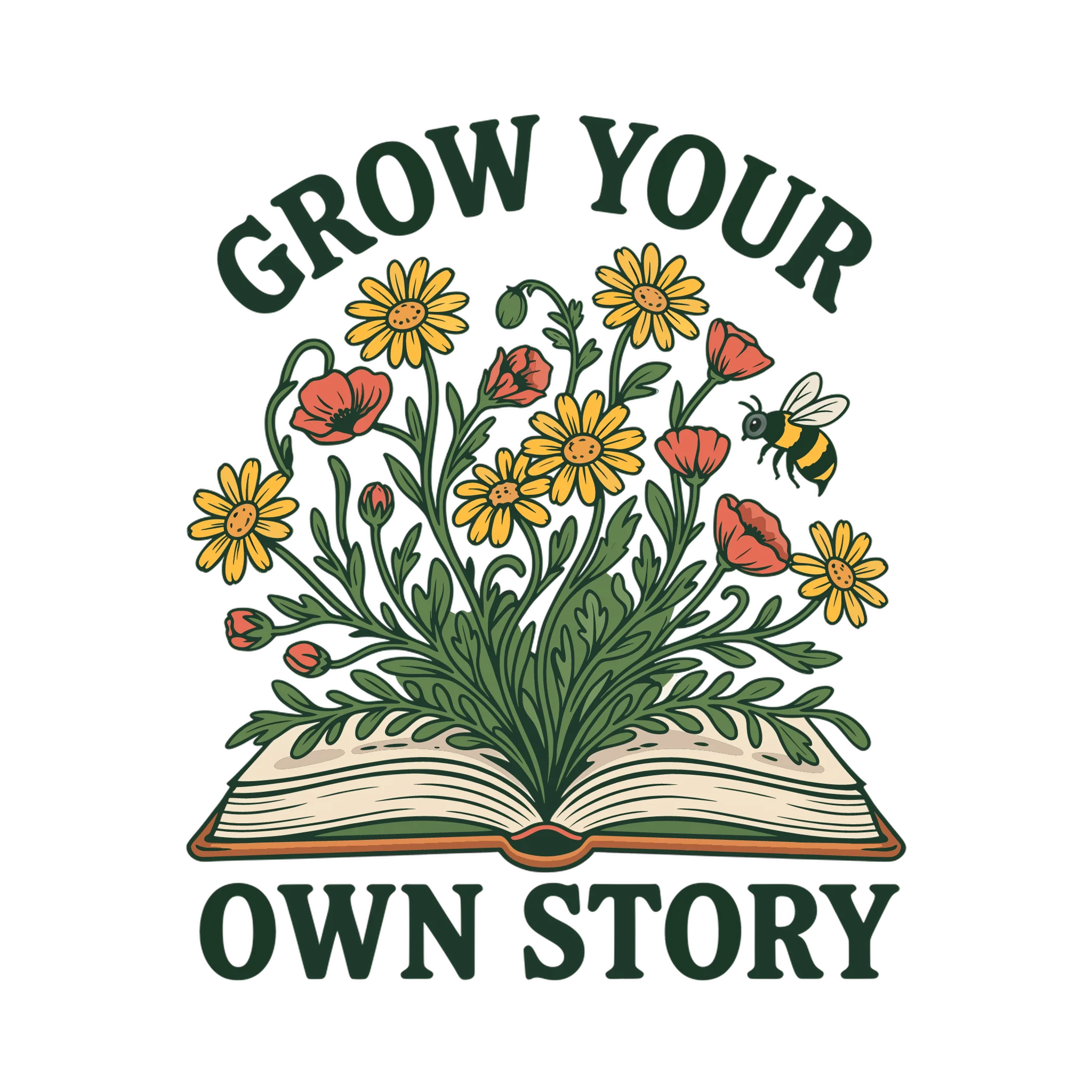 Ideogram’s transparent PNG: an open book with daisies, poppies, leafy stems, and a bumblebee growing from its pages, with GROW YOUR in curved dark green lettering above and OWN STORY below.