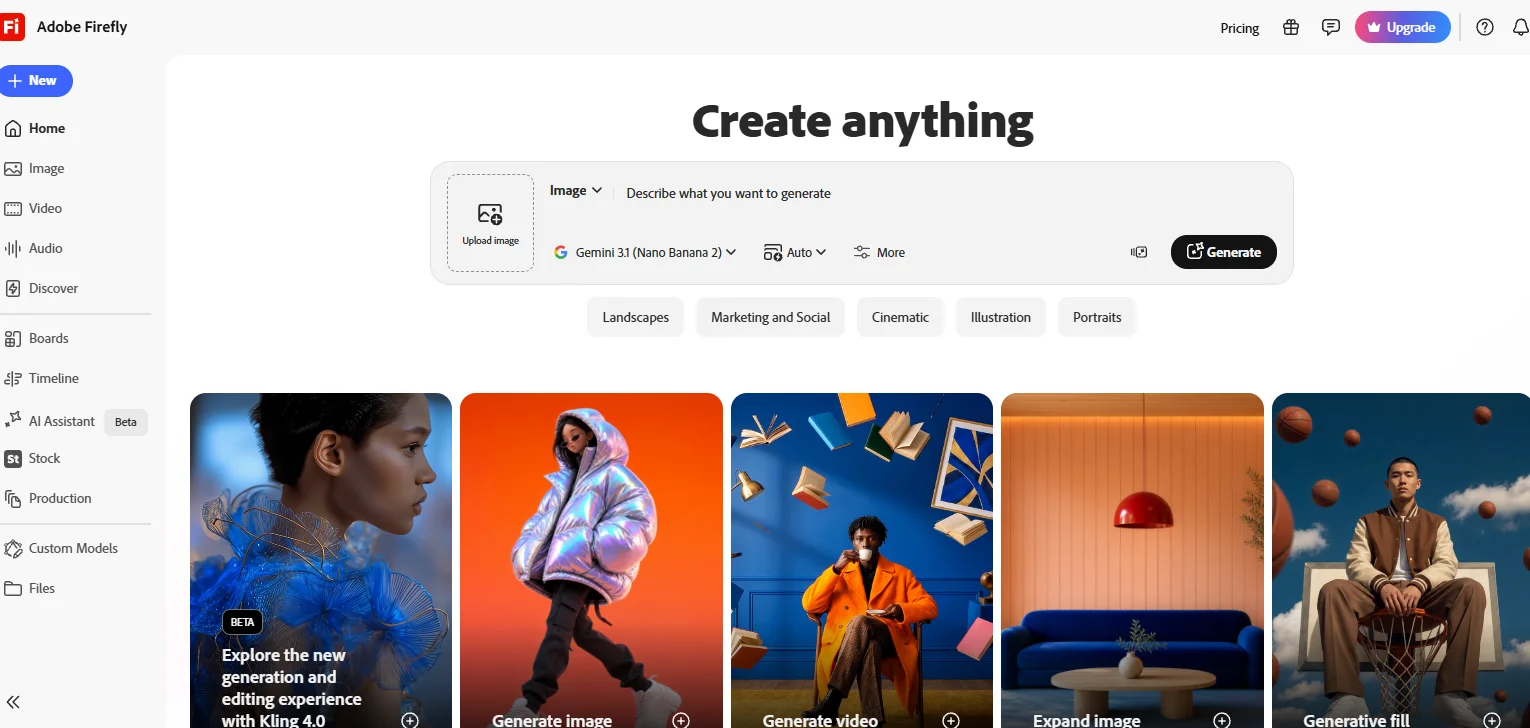 Adobe Firefly’s Create anything screen with an image prompt box, a partner model selected in the model menu, and example generations below.