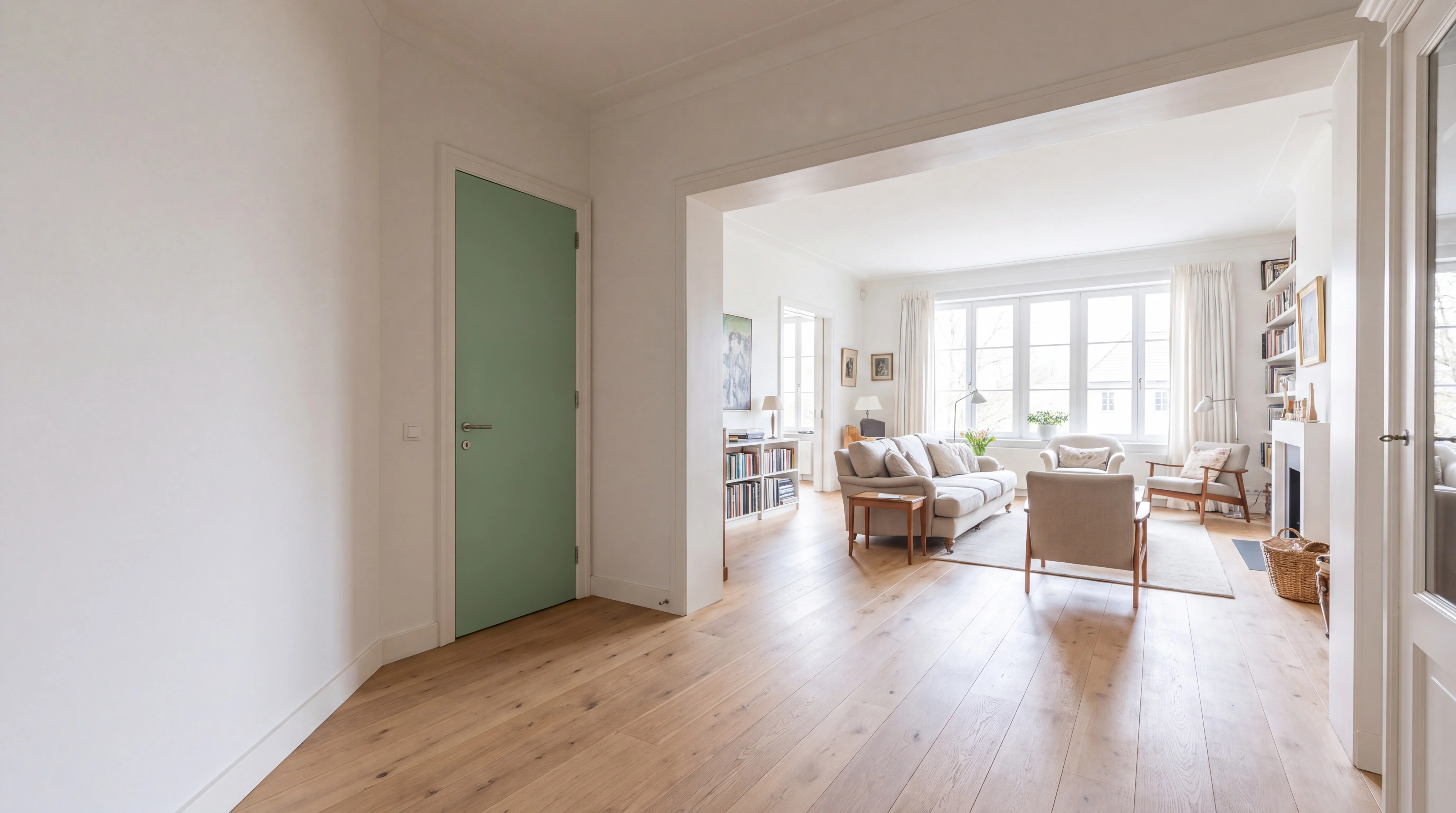 The same hallway with the door painted sage green