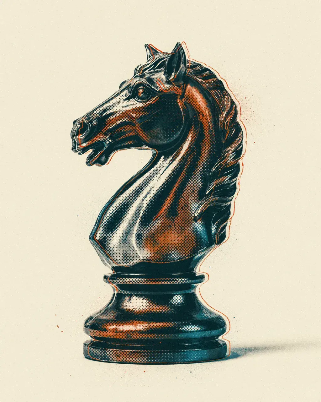 Chess knight piece rendered as a photorealistic 3D object, its entire surface covered in two-color screen-print Benday halftone dots in deep teal and burnt orange, dot density encoding the volumetric depth.
