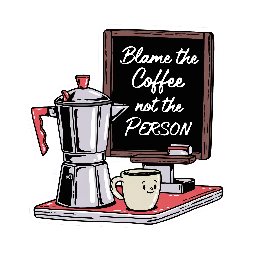 Diner-style coffee-pot illustration with the slogan 'BLAME THE COFFEE NOT THE PERSON' o...