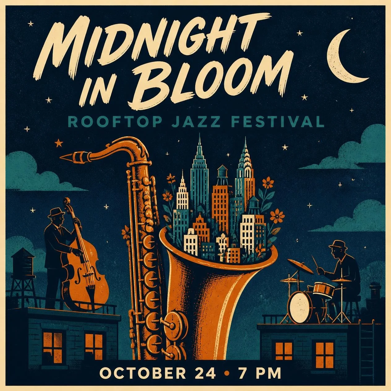 Illustrated rooftop jazz poster with event lettering, a saxophone, and musicians in the supplied generation test.