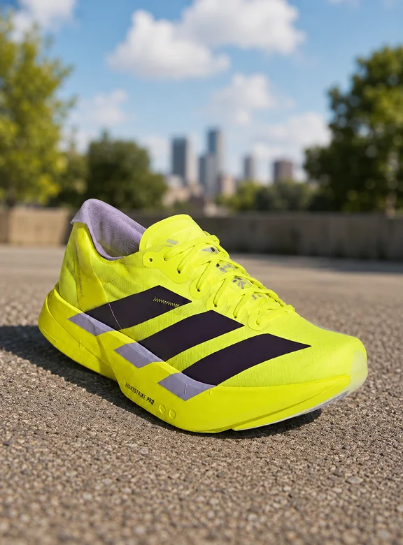 Reference photograph of a neon yellow running shoe outdoors